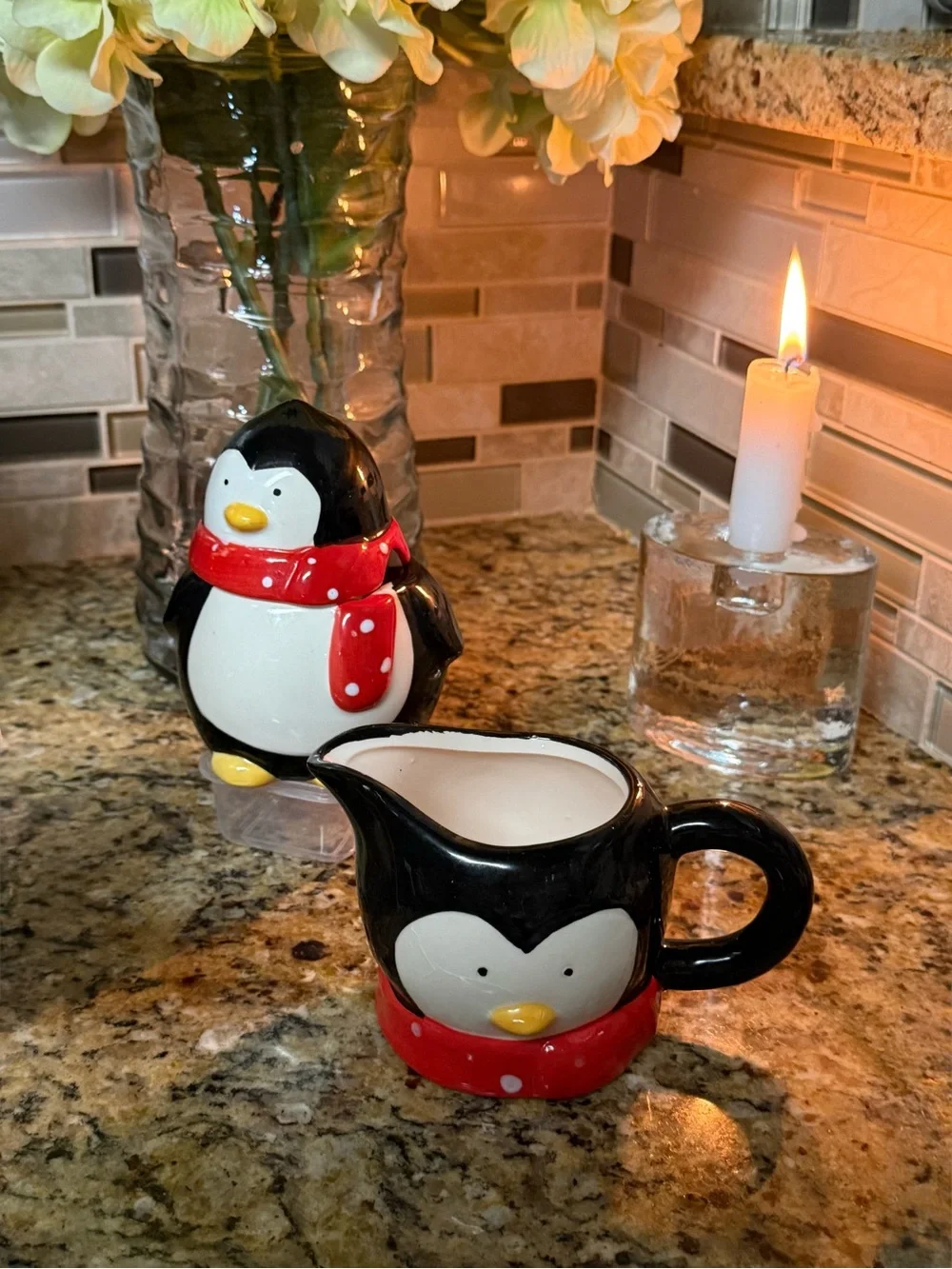 Holiday Penguin Creamer and Sugar Set - Black & Red